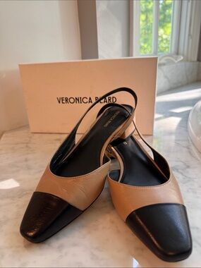 VERONICA BEARD Cecile Tan/Black Slingback Low Block Heel Size 8.5